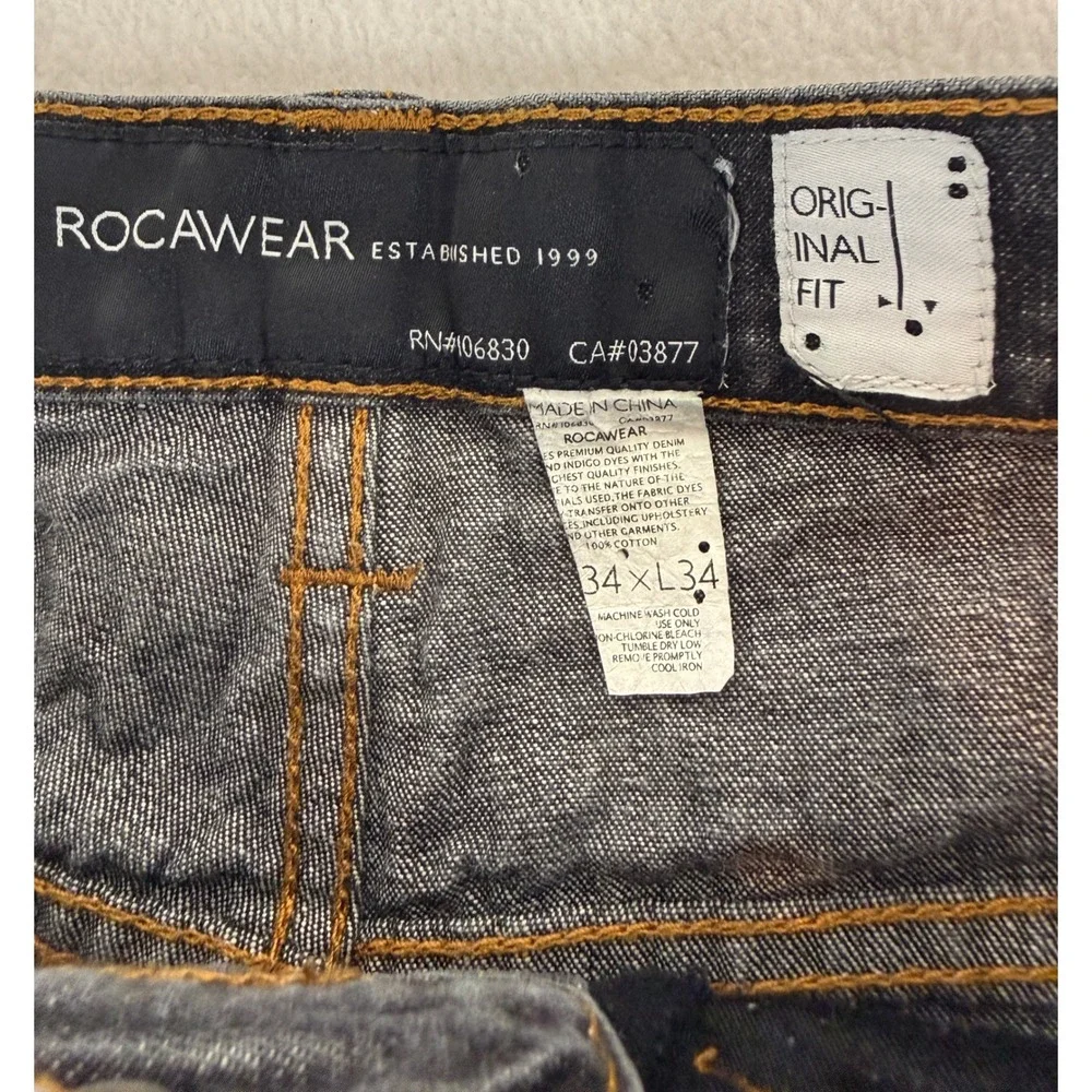 Rocawear Original Fit Jeans Mens 34x32 Black Dark Wash Baggy Straight Denim